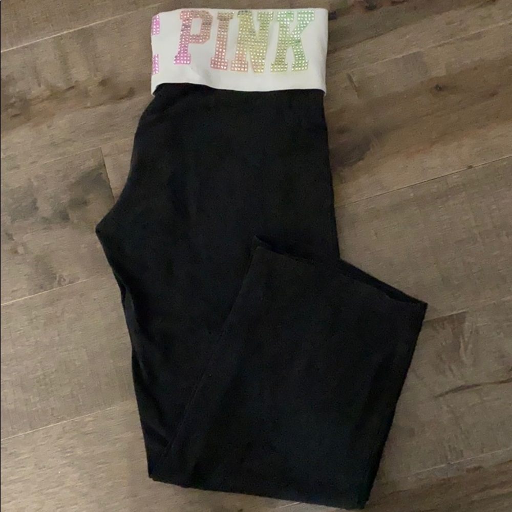 PINK crop yoga pants - bling on back - small